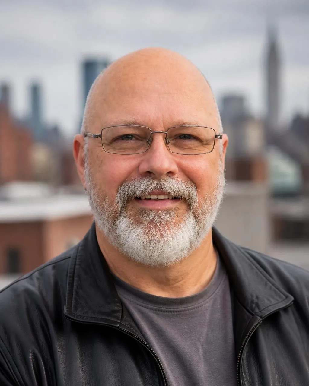 Scott Riggs, conversion copywriter, in a leather jacket with a city skyline behind him
